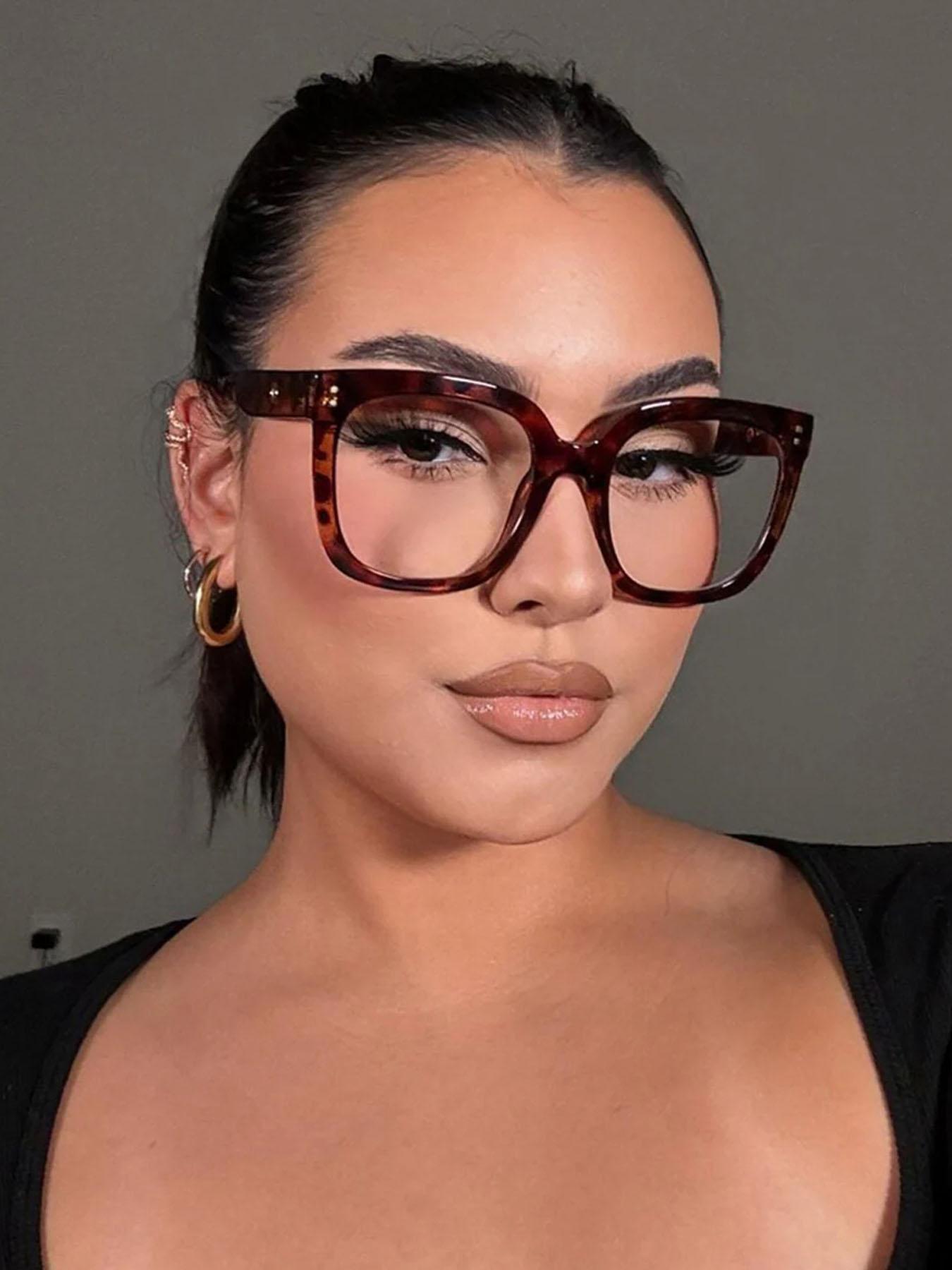 Women's Square Hollow Out Flat Lens Anti-Blue Light Glasses, Casual Leopard Pattern, Polycarbonate Frame, Suitable for Photography and Daily Wear, Stylish Square Frames, Leopard Pattern Eyeglasses