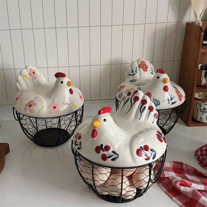 Farmhouse Style Chicken Ceramic Egg Basket with Metal Wire and Lid, Decorative Multi-Functional Kitchen Storage Box, Dustproof Seal Design