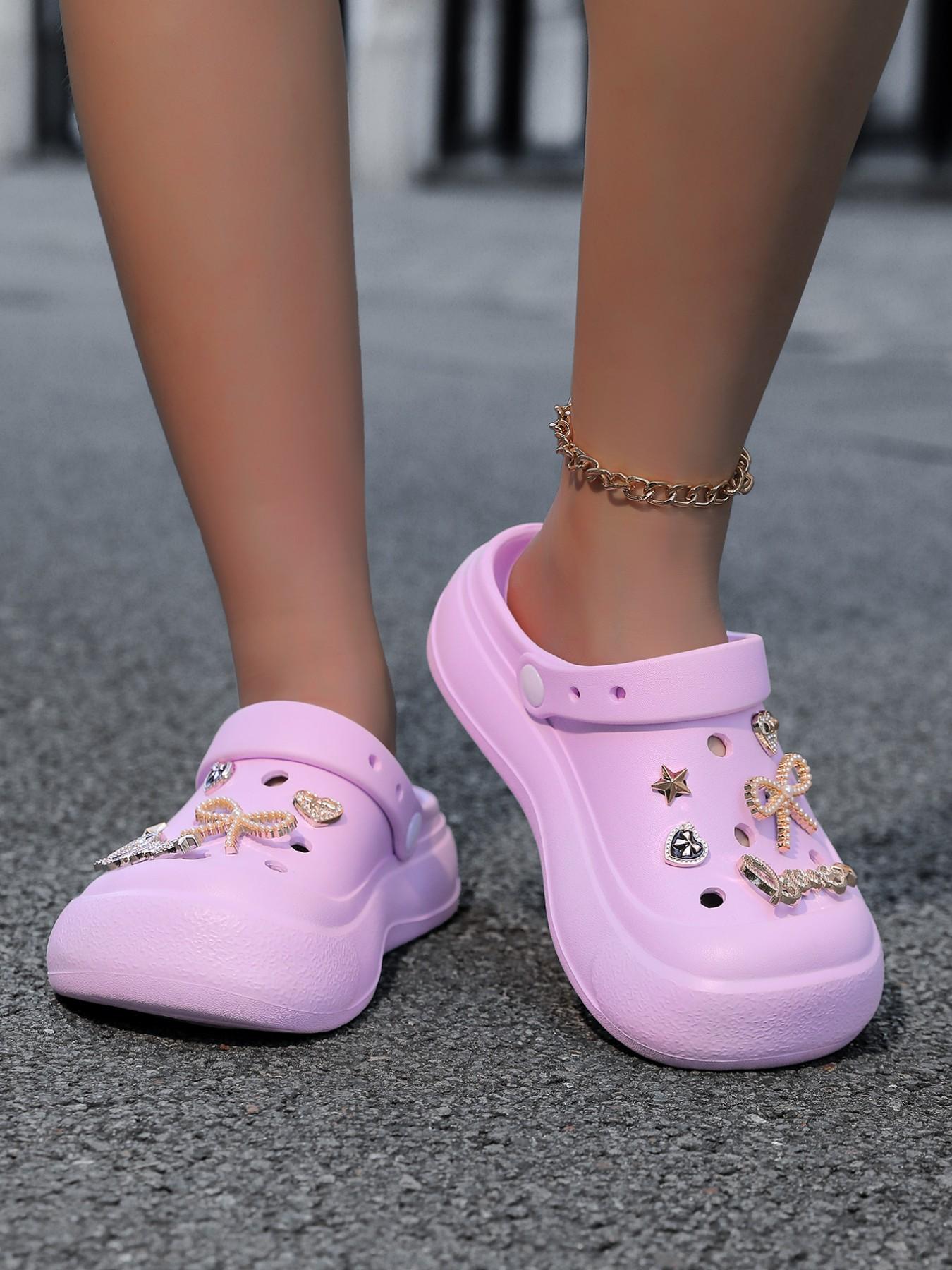 Women's Thick Sole Hole Shoes with Rhinestones and Bow, Unique Design Versatile Outdoor Sandals, Comfortable Eva Material for All Seasons