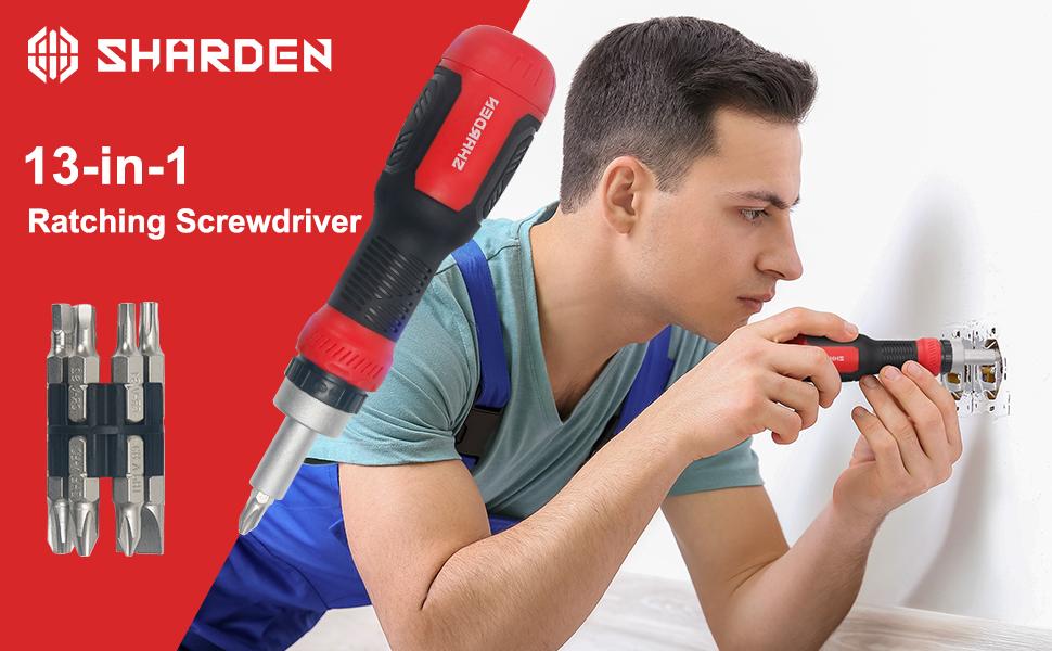 SHARDEN Ratchet Screwdriver 13-in-1 Ratcheting Screwdriver Set with Torx Security, Flat Head, Phillips, Hex, Square, and 1/4 Nut Driver