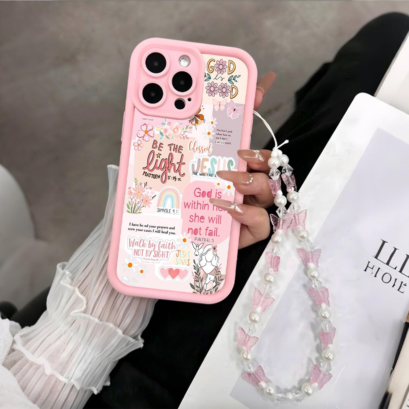 Bible Patch UV Print Phone Case with Butterfly Beaded Wrist Strap, Fits iPhone 17-11 Pro Pro Max Plus, Trendy Gift