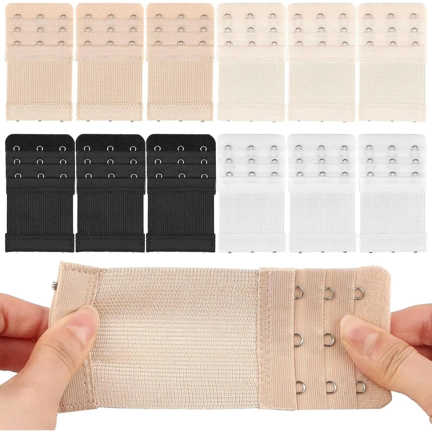 12 PCS 3 Hook Bra Extenders Elastic Bra Strap Extenders for Women Plus Size, Bra Extensions (Beige, Black, White, Nude)Gift