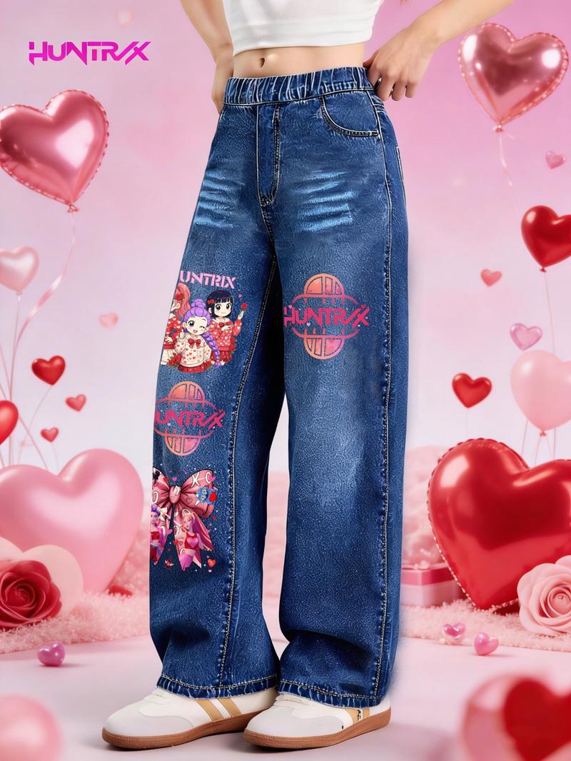 Valentine's Day Kpop Girl Printed Denim Jeans, Casual Fitted Jeans for Girls Ages 7-12, Perfect Valentine's Gift for Kids