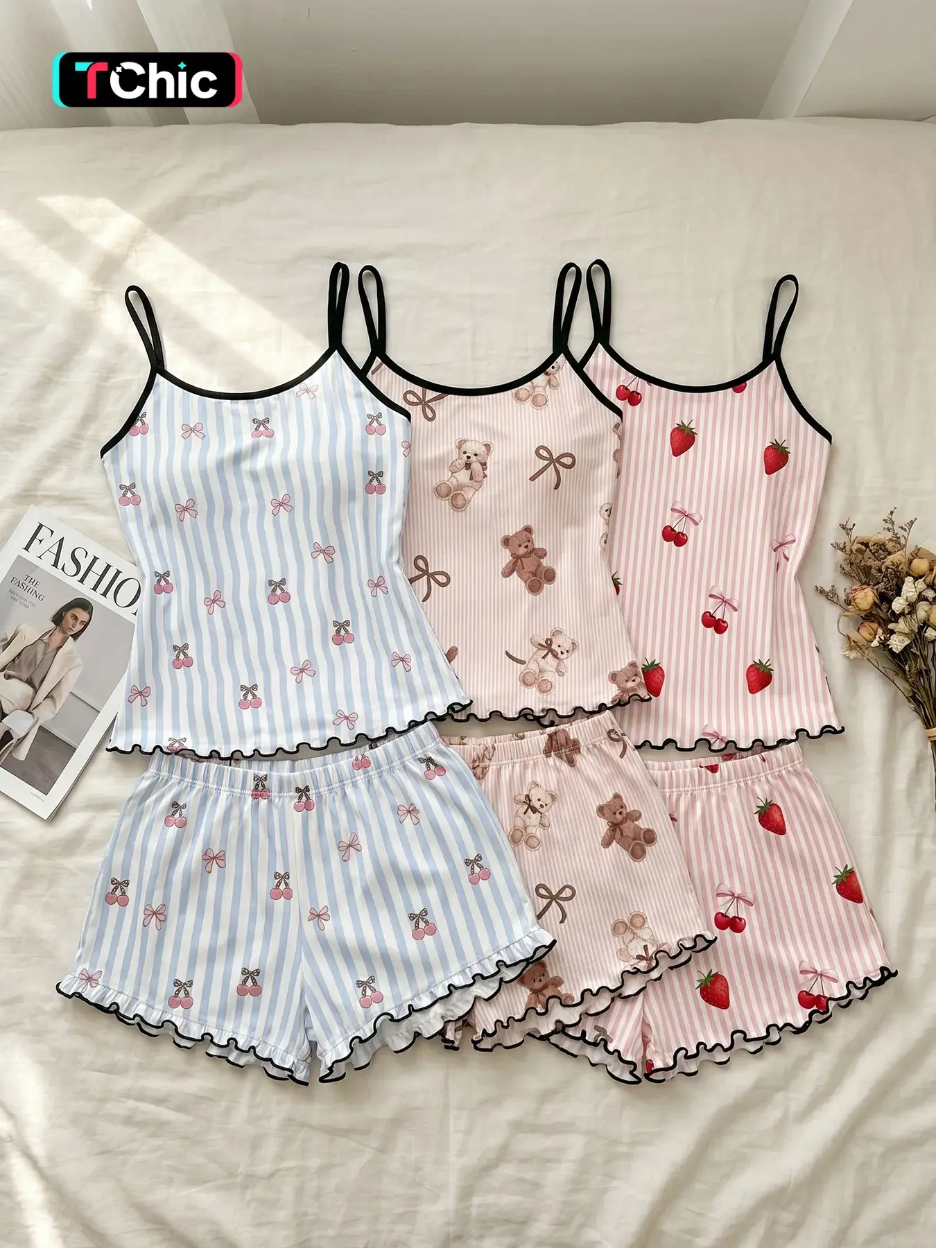 Women's 3 Piece Cami Top Spaghetti Strap and Shorts Pajama Sets, All Season Wear, Pastel Stripe Cherry Bear Strawberry Bow Print Ruffle Hem, Pastel Aesthetic, Cute, Loose Breathable for Home & Casual