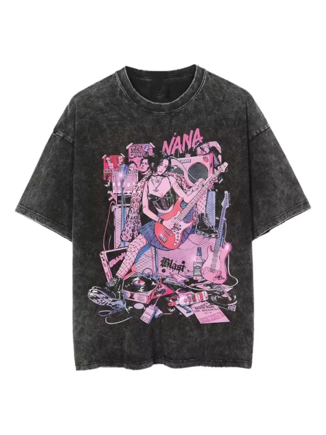 Vintage Washed Gothic Anime Band Print Loose T-Shirt, Y2K Street Retro Short Sleeve, Unisex Casual Top for Music Lovers
