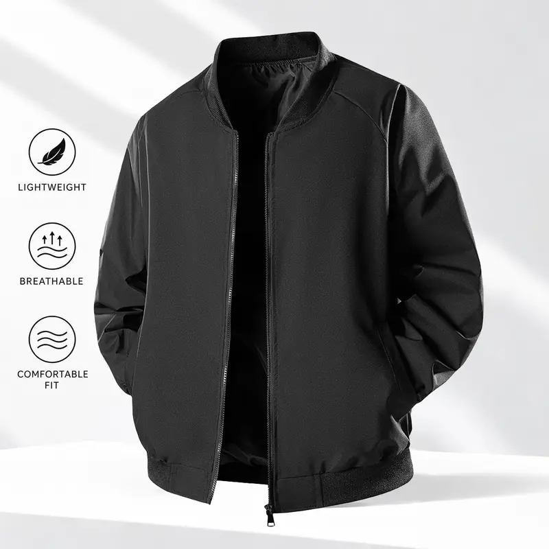 Men's Vintage Long-Sleeve Plain  Baseball Bomber Jacket - American-  Style Lightweight Windproof  Waterproof Fitted Streetwear  Outerwear, Casual Daily Clothing  Prodlucts Menswear Coats