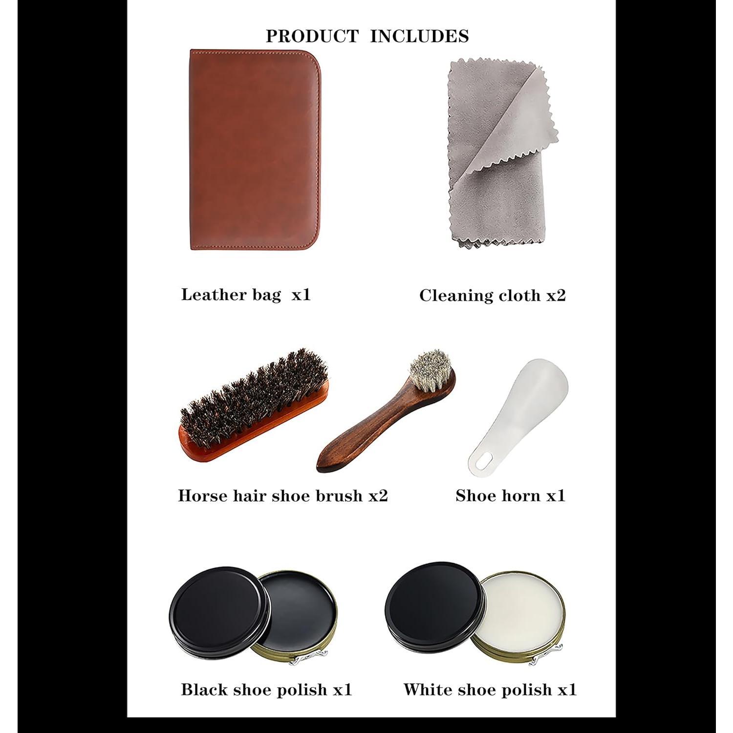 Complete Shoe Care Kit with Black and White Shoe Polish -  for  and Travel Use - Includes Brushes, Polishes, Cloths, Horn, and Leather Box - Ideal  for Leather Shoe Lovers