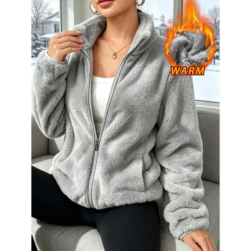 Women’s Must‑Have Autumn Winter Plush Outerwear, Stand‑Collar Jacket with Night‑Visible Reflective Strip Zipper, Non‑Bulky Relaxed Fit, Simple Versatile Coat for Daily & Casual Outings