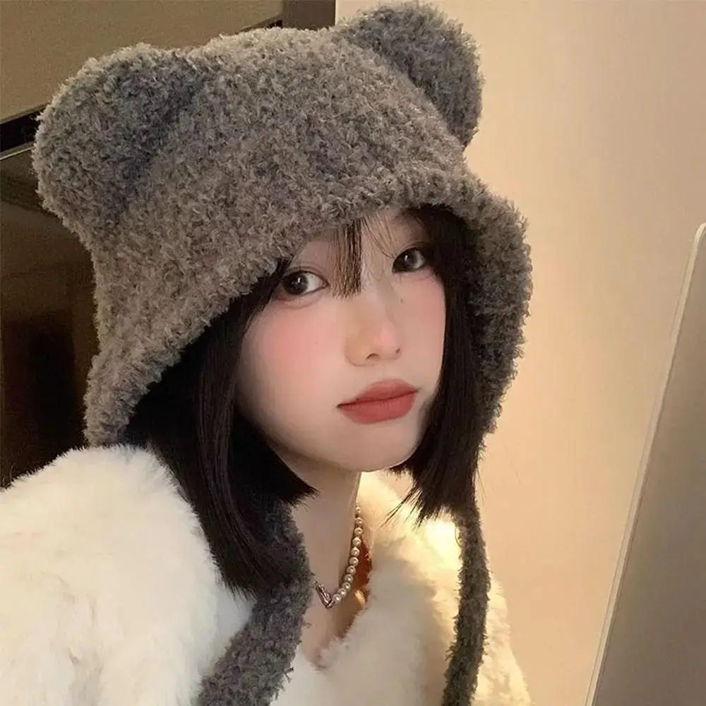 Soft Lace-up Bear Ears Knit Hat Warm Slouchy Ear Protection Hat Thick Cold-proof Beanie Cap Winter
