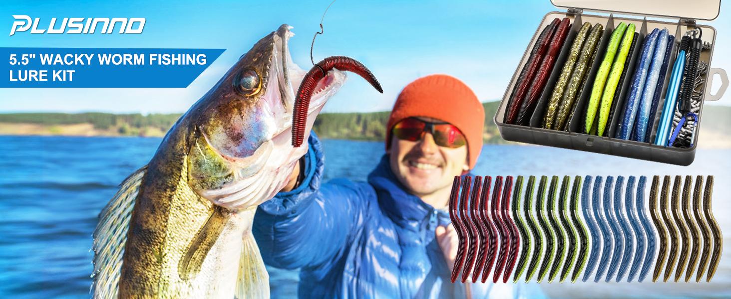 133pcs 5.5" Wacky Worm Fishing Lure Kit, Soft Plastic Grub Baits with Hooks & Tackle Box, Wacky Rig Tool for Bass Trout Fishing Supplies