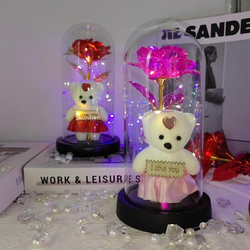 Artificial Rose Bear Gift with Glass Dome, 1 Count Battery Powered Romantic Glass Cover Rose Bear Flower Gift with Light, Decorative Flower for Home Party Wedding Anniversary, Rose Teddy Bear(without Battery)