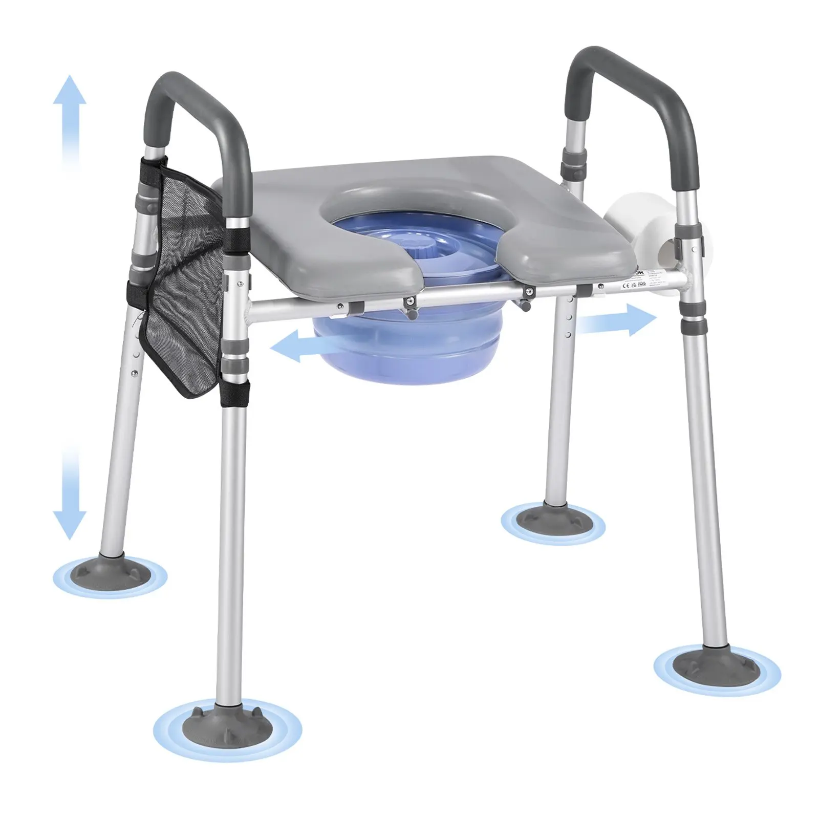VEVOR Bedside Commode Chair, 500 lbs Capacity, 4-in-1 Portable Toilet and Raised Toilet Seat with Padded Seat Armrest, Detachable 5L Bucket, Adjustable Height Width Adult Potty Chair for Seniors