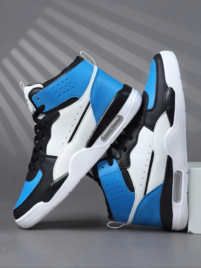High Top Men's Stylish Basketball Shoes, Casual, Comfortable Breathable Lace-Up, Air Cushion Sole, Patchwork Design, PU Leather, All Seasons