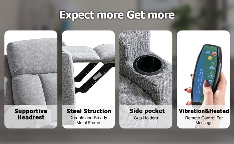 [HolidayHaul] Manual Recliner Chair with Massage and Heat Ergonomic Overstuffed Breathable Fabric Reclining Chair with 2 Side Pockets, 2 Cup Holders, Remote Control, Living Room, Bedroom