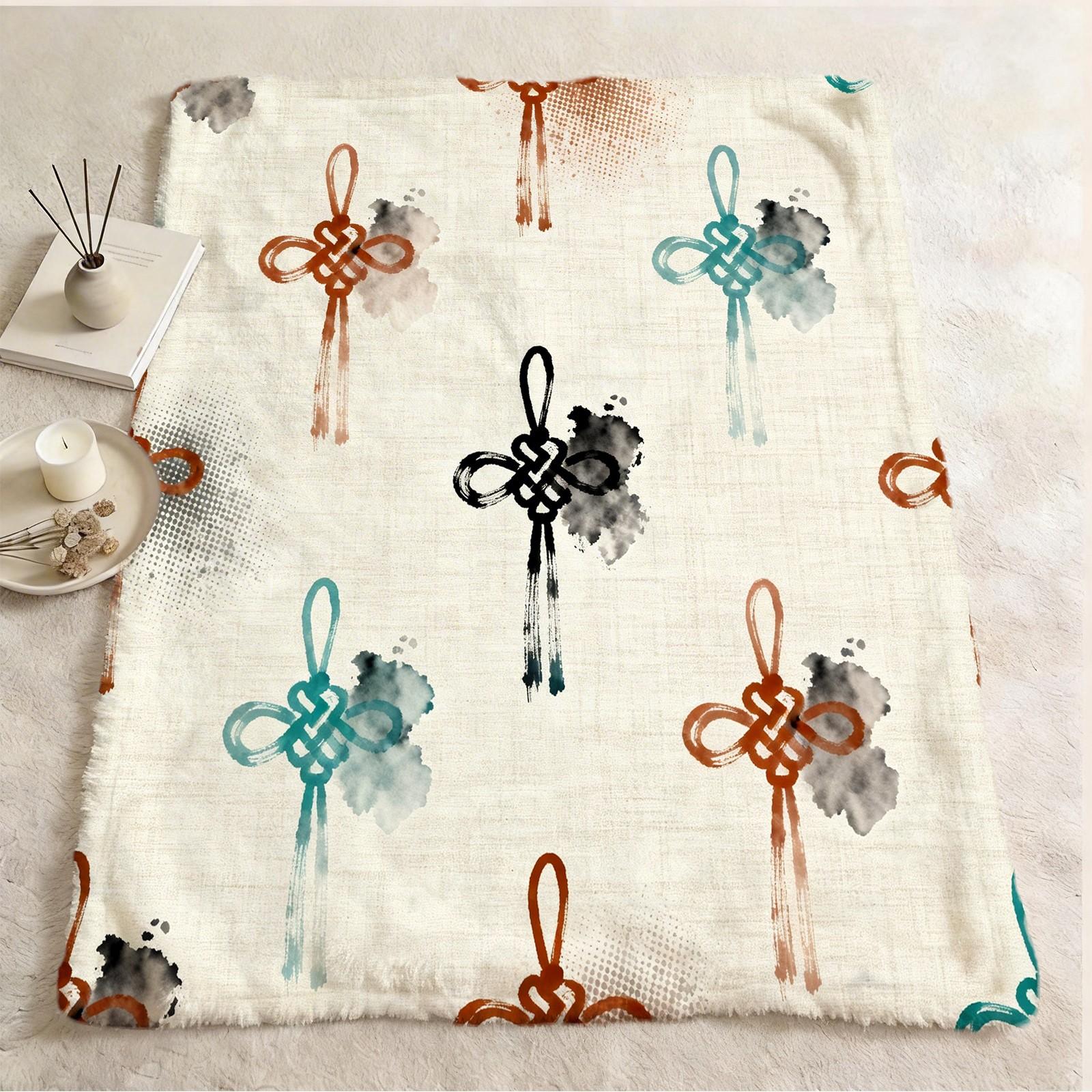 1 Piece Chinese Knot Watercolor Single-Sided Print Flannel Blanket, HD Digital Single-Sided Printed Ultra Soft Plush Blanket, Warm and Cozy Multipurpose Blanket for Sofa, Bed and Travel, Ideal All-Season Gift Blanket