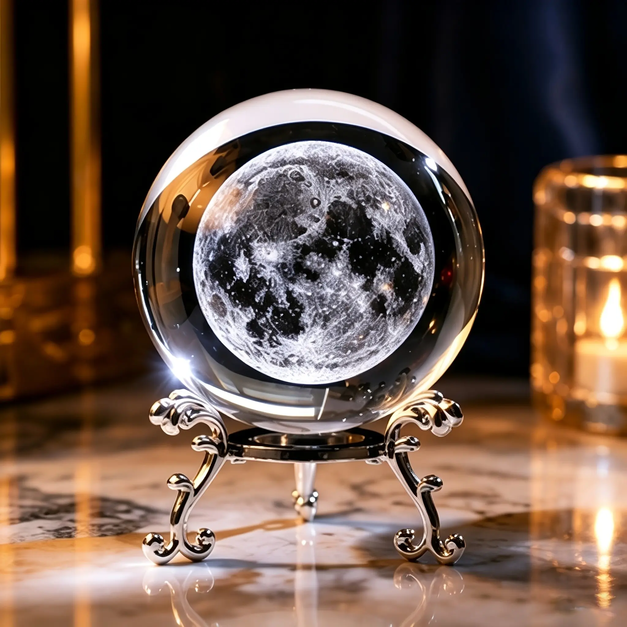 3D Moon Crystal Ball with Silver Color Base, 60mm Modern Style, Astronomical Home Decor, Unique Desk Ornament, Gift for Holidays and Birthdays