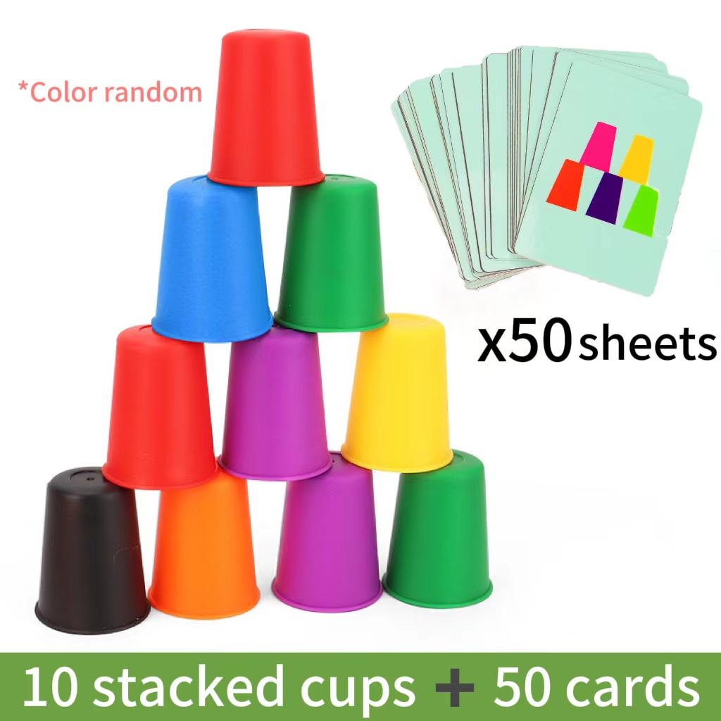 Montessori Plastic 10 Stacked Cups Game (Cup*10) - Unisex Non-Toxic Safe Washable Stress Relief Toy for Kids >3 Years Old, with Paper Game System & Cards, Aiding Intellectual Enlightenment, Color Recognition, Logic Training