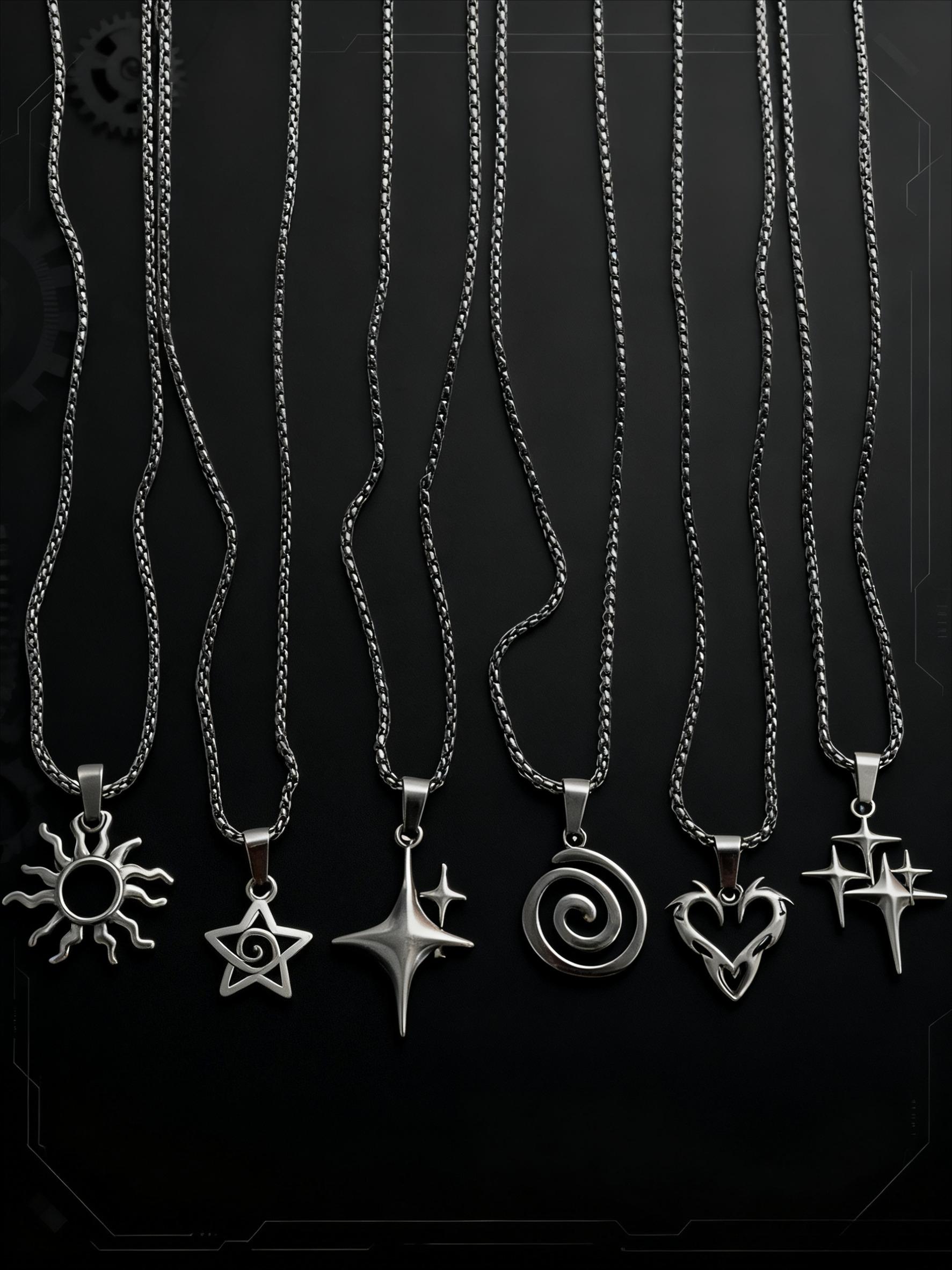 6 Piece Set Y2K Flame Heart Star Spiral Sun Pendant Necklace, Stainless Steel Chain, Punk Simple Unisex Couple Jewelry for Daily Party, Fashionable Jewelry Accessories