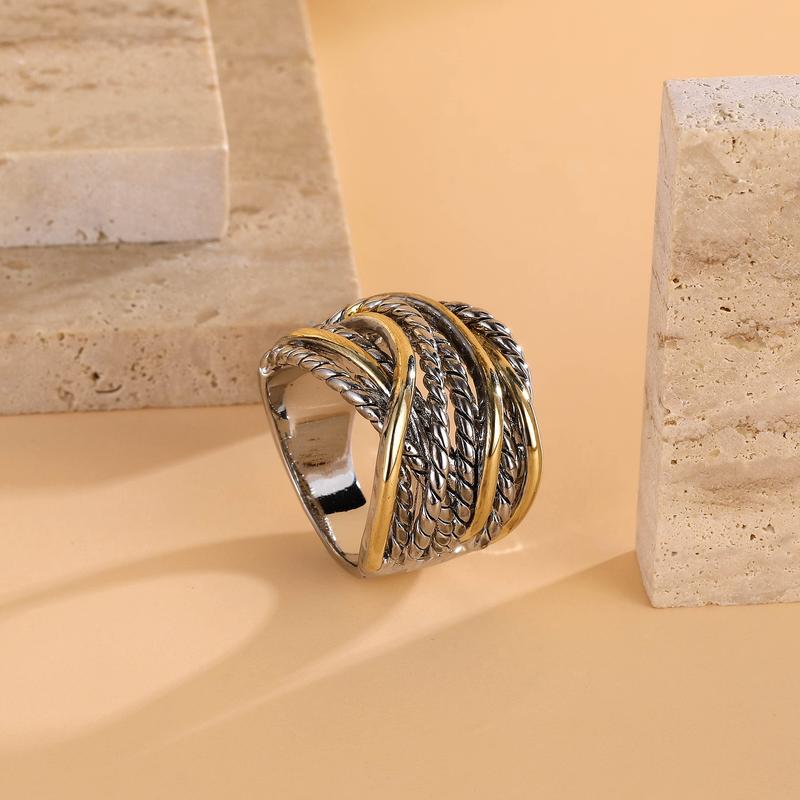 Mytys Two Tone Statement Rings for Women Wire Intertwined Design Band Ring Wide Index Finger Rings Costume Jewelry