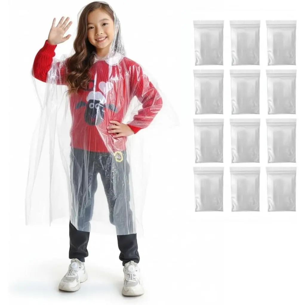 12-Pack Kids / Family Disposable Rain Ponchos with Hood, One Size Waterproof Lightweight Poncho for Camping, Outdoor Sports