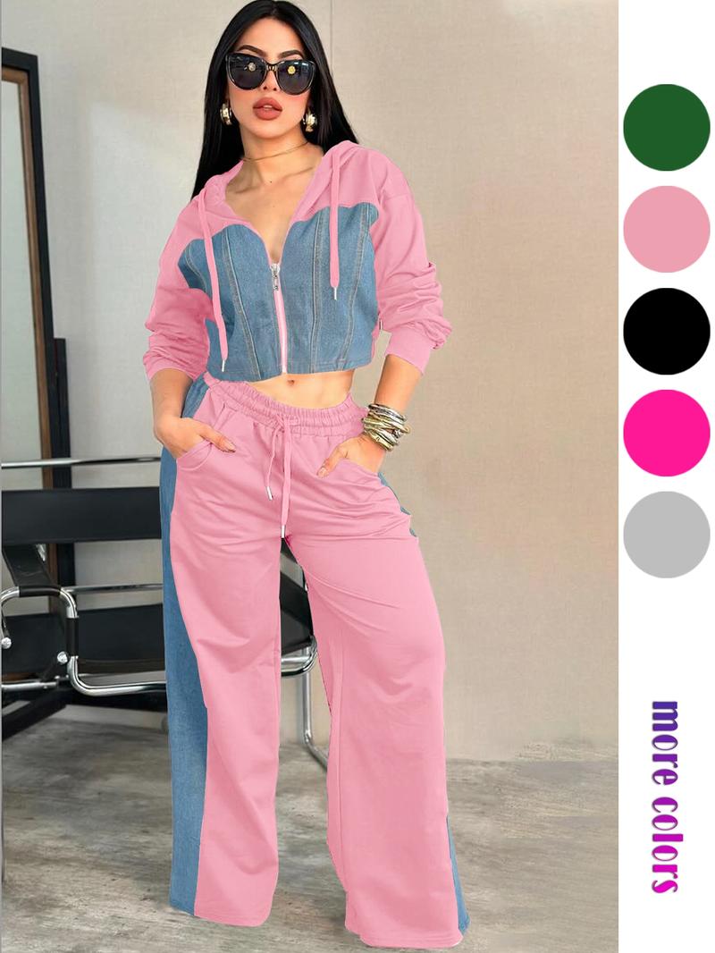 Personalized Patchwork Hoodie Set, Long Sleeve Short Top Set, Casual Party, Travel Pants Set, Fashionable Streetwear