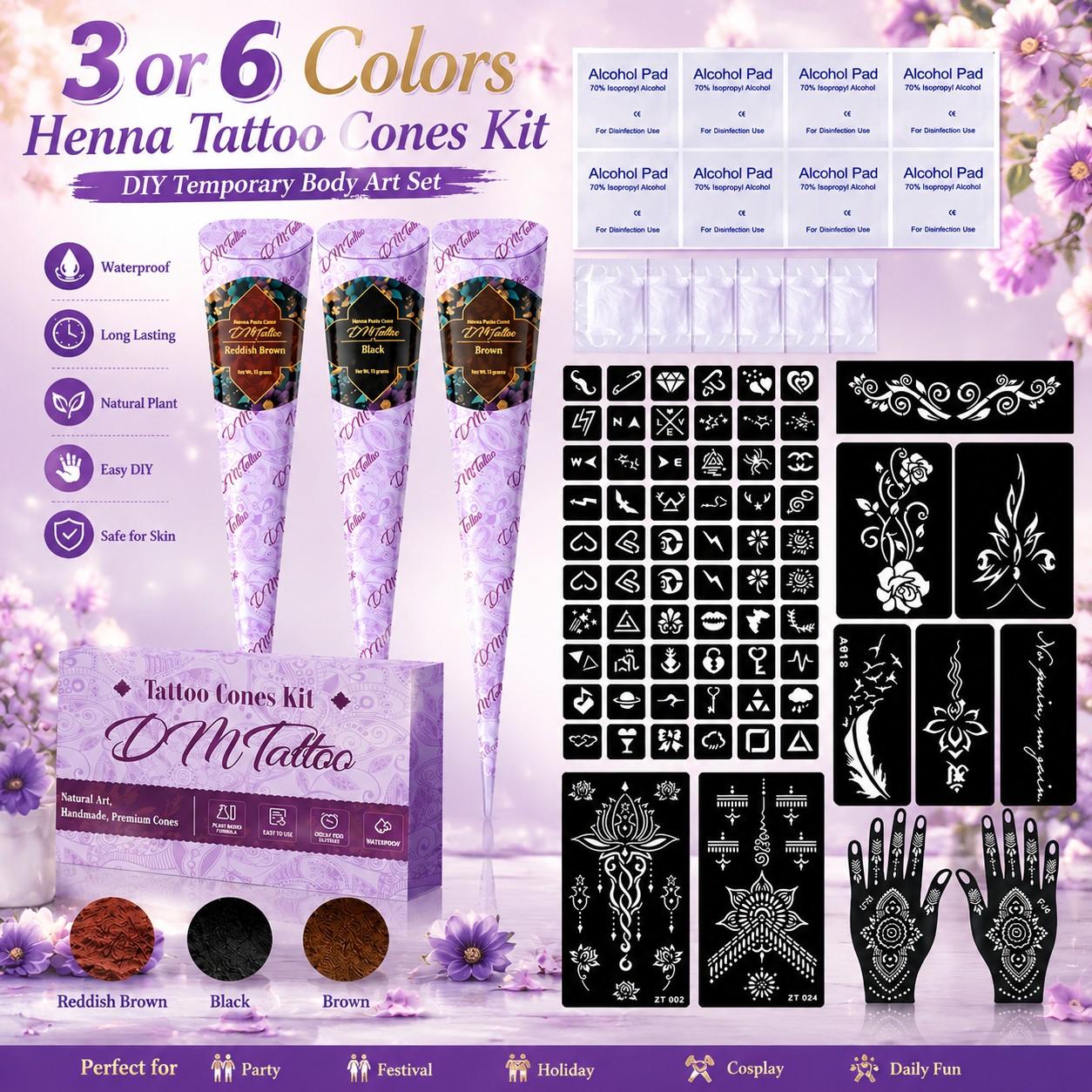 Plant Henna Temporary Tattoo Kit, DIY Tattoos, Natural Henna Drawing Gel, Gentle Low Irritation, Waterproof, Easy Application, Perfect for Weddings and Parties
