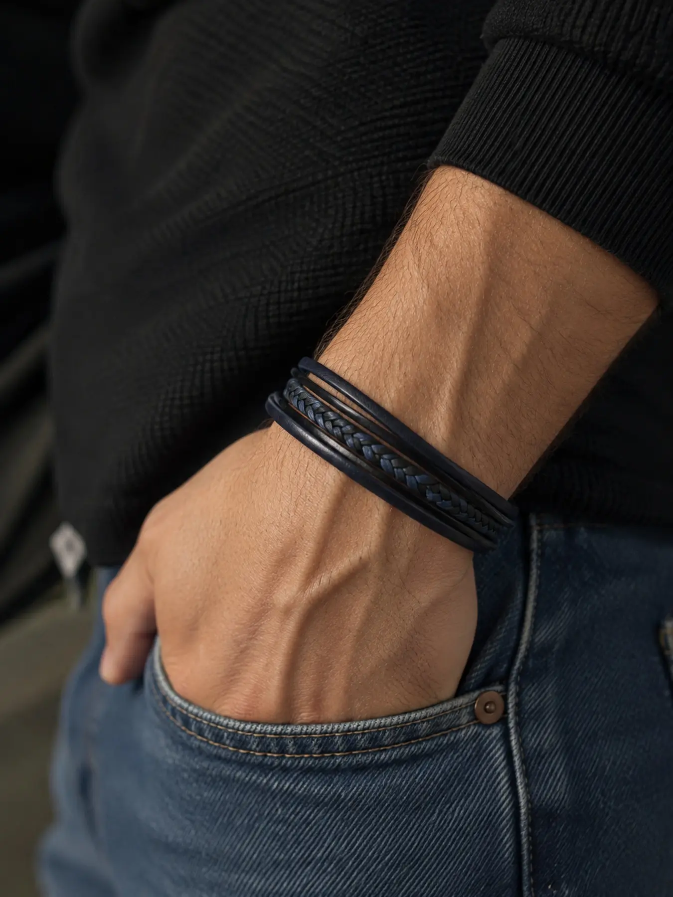 Men Black Red Braided Bracelet, Layered Leather Style Wristband, Punk Casual Bracelet for Men, Vintage Streetwear Jewelry, Gift for Him