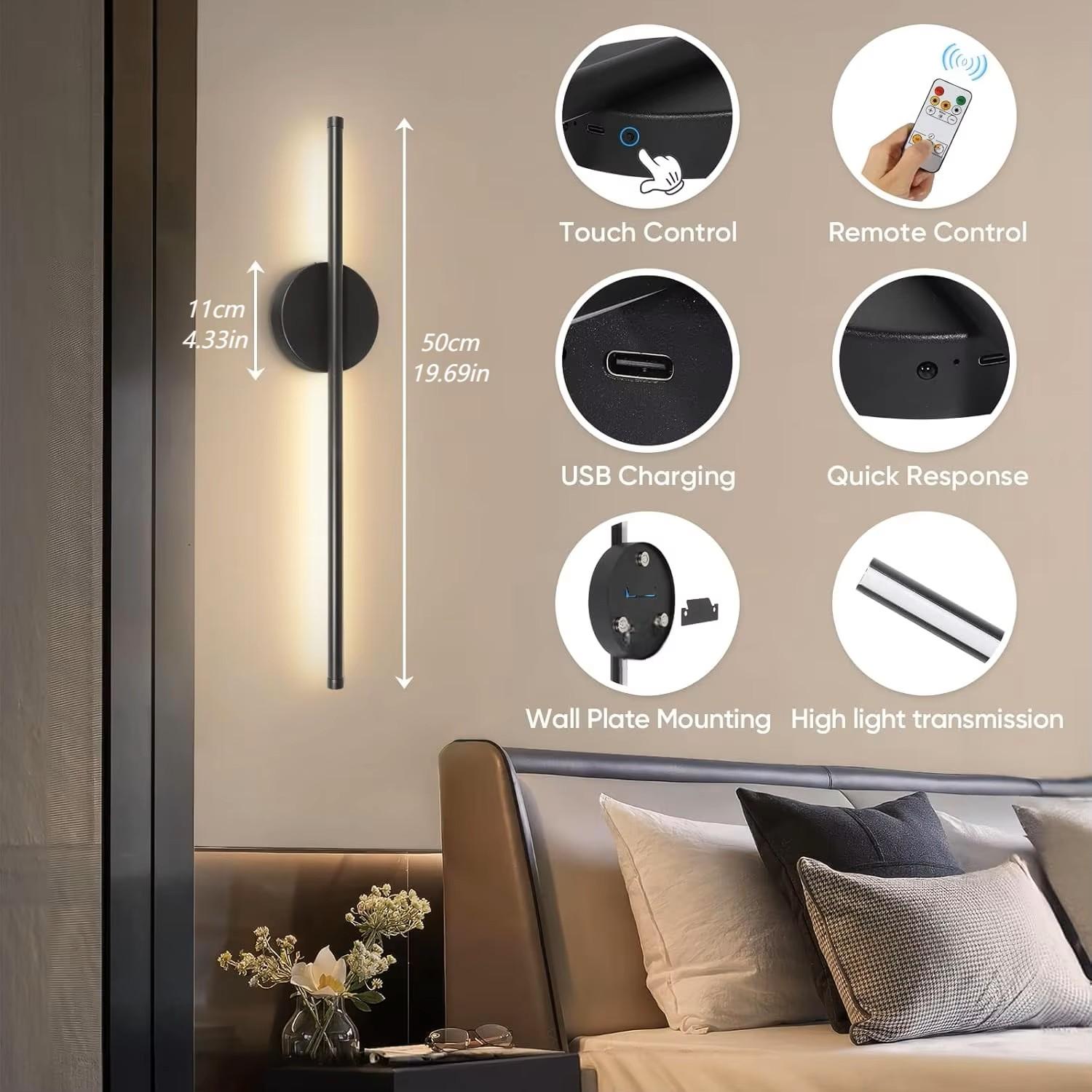Wireless Charging Wall Lamp Battery Powered Remote Control Dimmable Indoor Decorative Light, Adjustable Brightness LED Nightlight, Dimmable Lighting