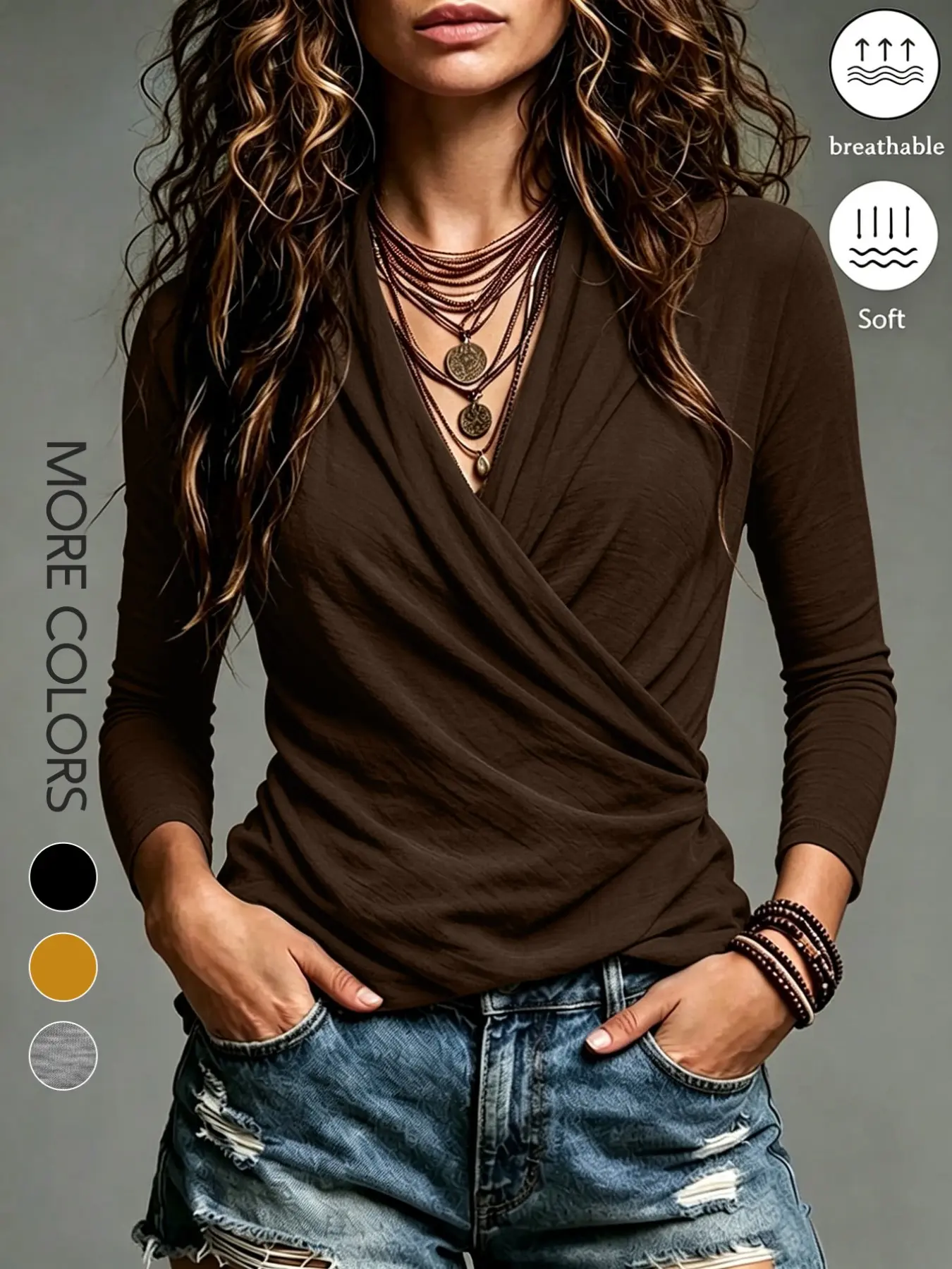Women's Brown Long-Sleeve Top – Fashionable Crossover Deep V-Neck Pleated Slim-Fit Tee Versatile Casual Autumn Shirt Perfect for Daily Commute and Everyday Outings
