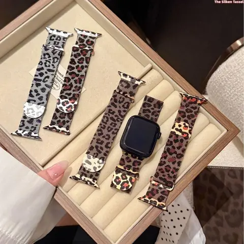 Women's 3-Color Vintage Leopard Print Magnetic Mesh Metal Smart Watch Accessory - Wearable Stainless Steel Milanese Loop, Magnetic Clasp, Breathable Mesh Strap, Adjustable for Series 11-1 SE Ultra (Sports Use)