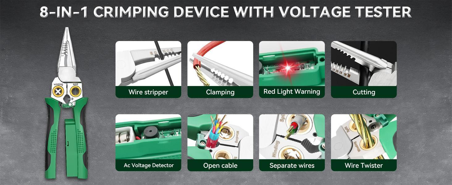 8 In 1 Wire Stripper With Voltage Tester, Multi-Function Electric Wire Stripping Tool For Cutting And Pulling Pliers, Electrician Repair Tool, Wire Strippers Electrical (Green)