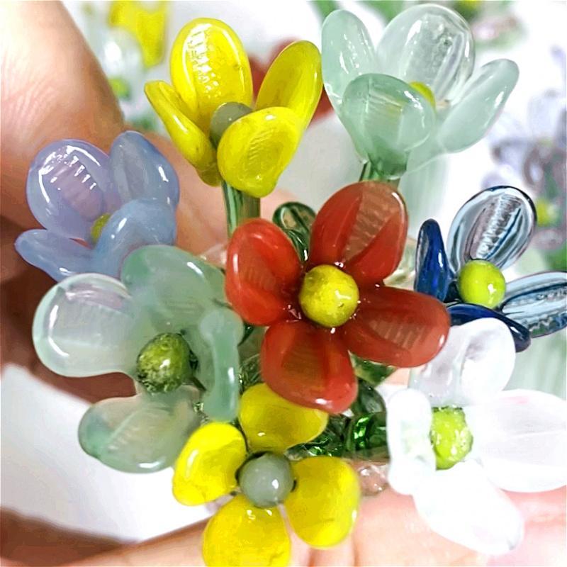 1 set (7 flowers+1 vase) glass simulation flower decoration ornaments, handcrafted mini glass flowers, DIY flower arrangement bouquets, faux flowers, Artificial mixed flower, Decorative Flowers Bouquet, suitable for gifting, event decorations