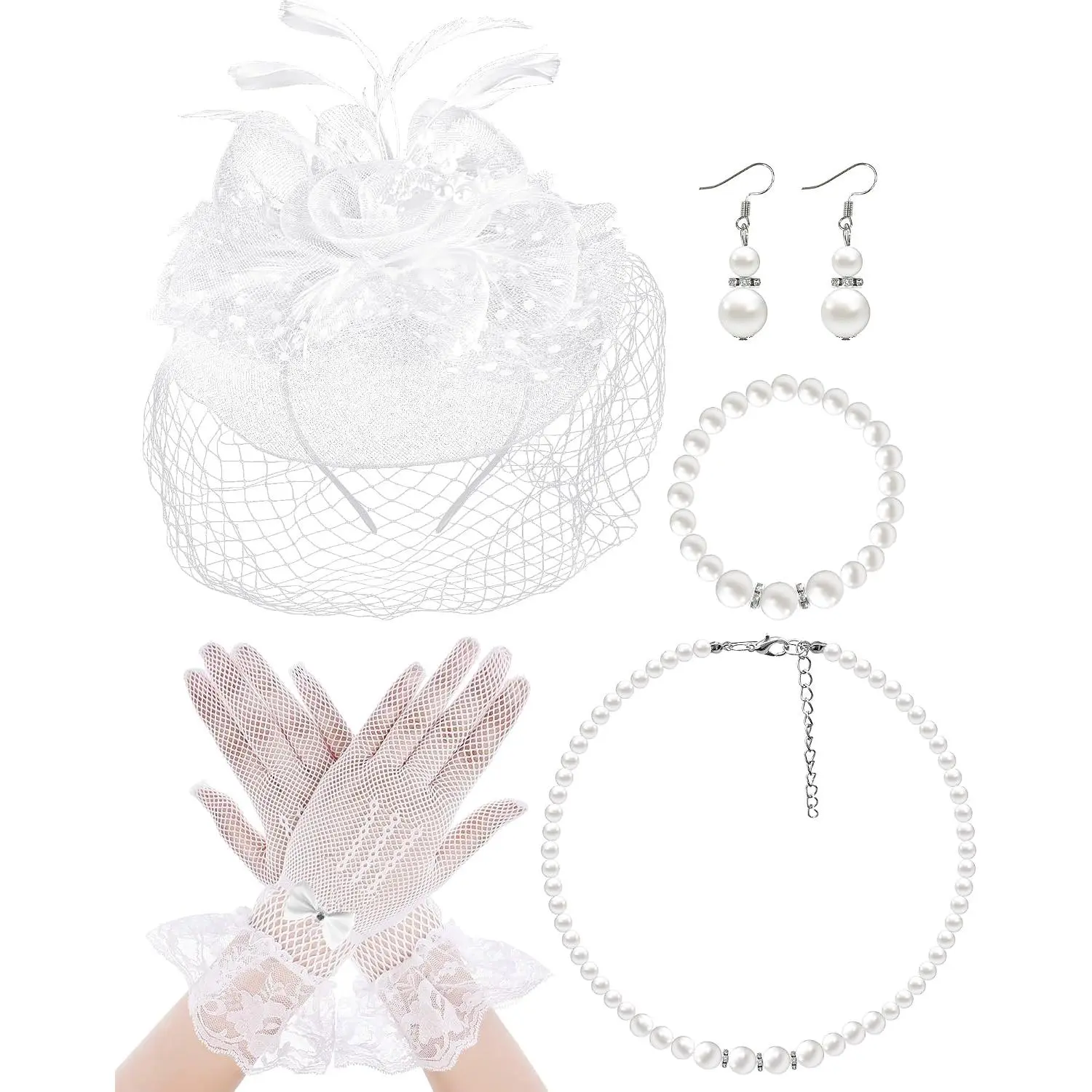 Fascinators Hat for Women  Party Funeral Veil Mesh Hats Wedding Lace Gloves Set for  First Communion