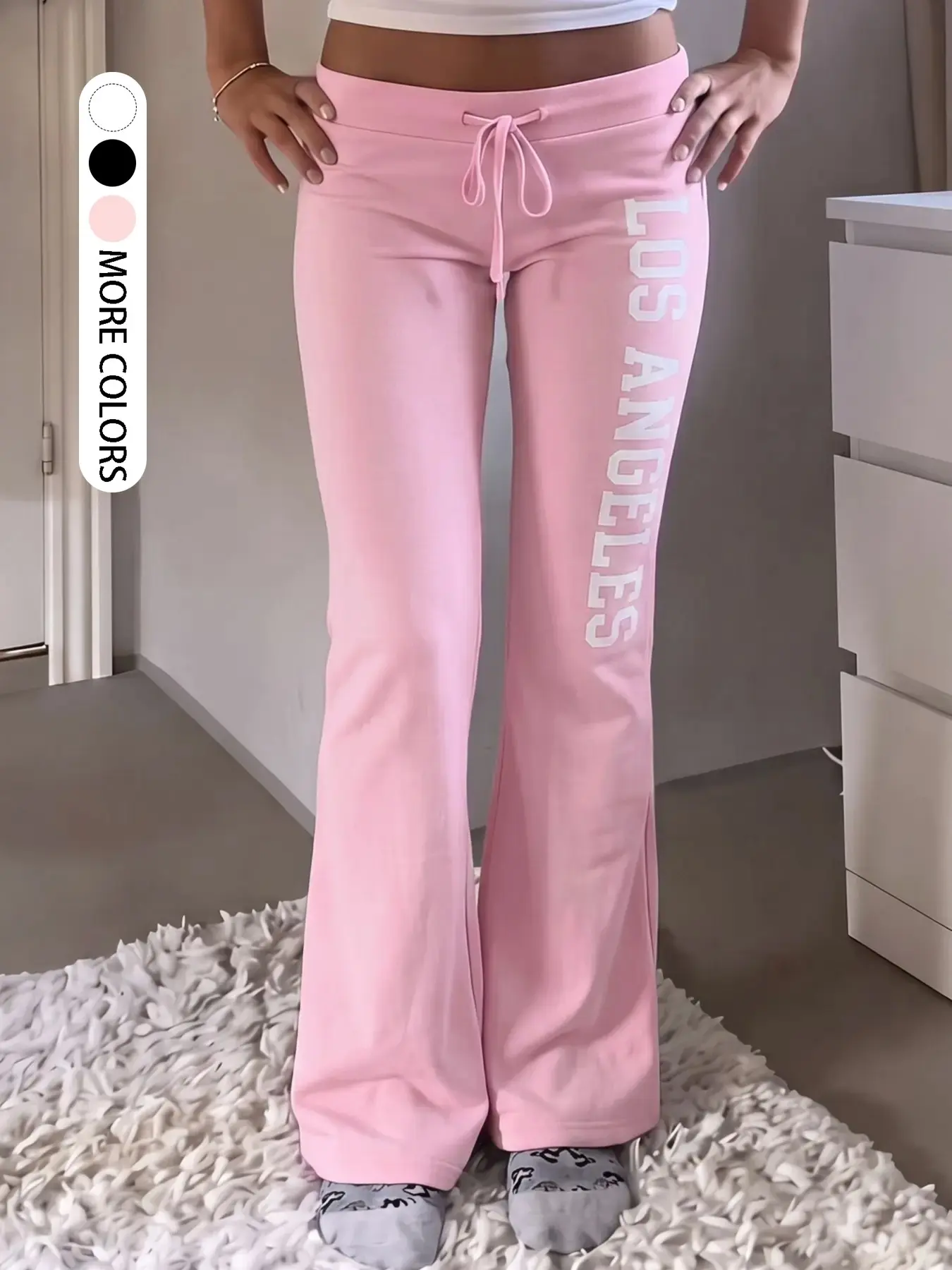 Women Low‑Rise Drawstring Flare Sweatpants, Pink "Los Angeles" Vertical Letter Print Bootcut Trousers, Y2K Retro Streetwear Casual Comfy Fall Bottoms #Y2KOOTD Autumn Outfits Women