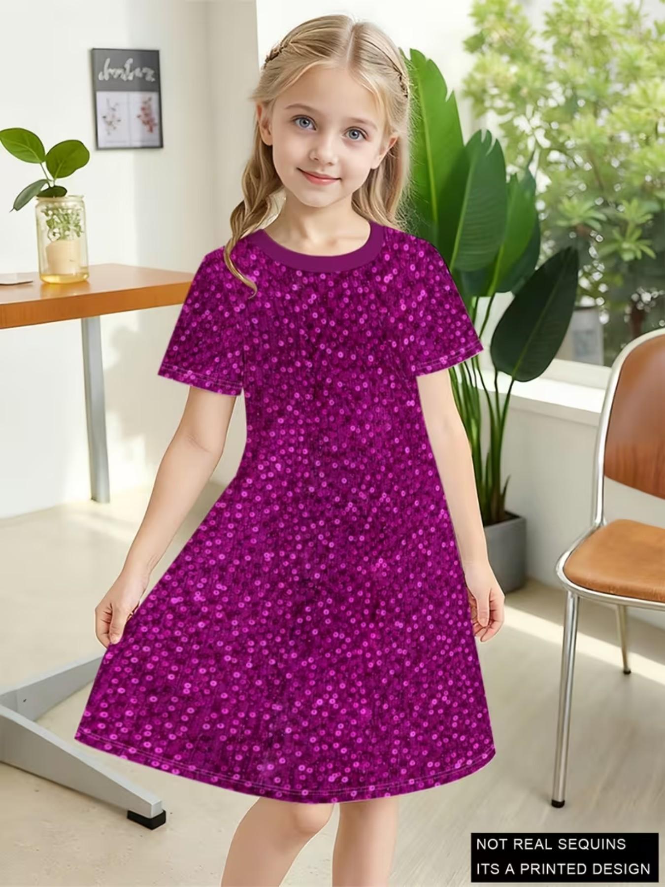 Girls' Elsa Princess Dress, Summer Short Sleeve Frozen Print A-Line Dress, Casual Fitted Asymmetrical H-Type One-Piece