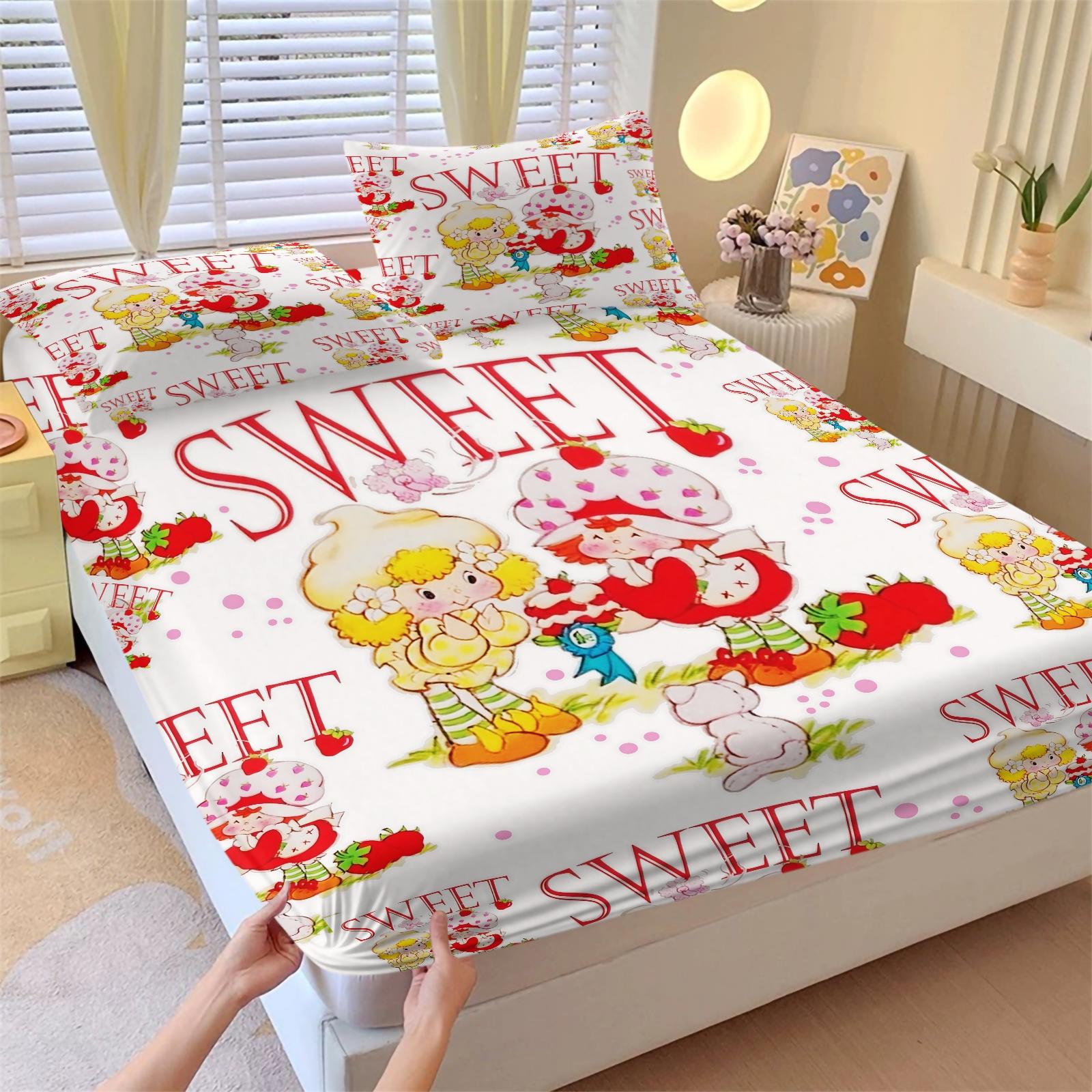 Strawberry Shortcake Gingham Fitted Sheet Set, 1 Fitted Sheet + 2 Pillowcases - 3 Pcs Soft Breathable Bedding with Deep Pocket, 360° All-Round Wrap, Wrinkle Resistant, Cute Strawberry Cartoon Bed Sheets for Girls Bedroom Decor, Full Size