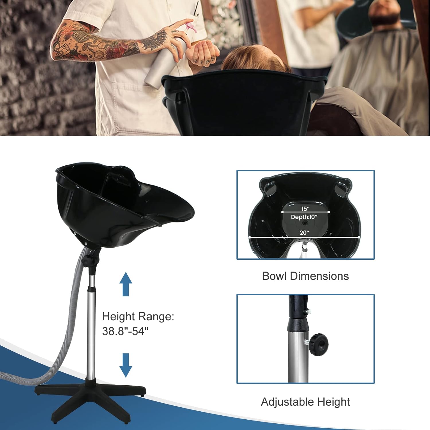 ZENY Portable Deep Shampoo Basin Sink Salon Hair Treatment Bowl Height Adjustable W/Drain Hose