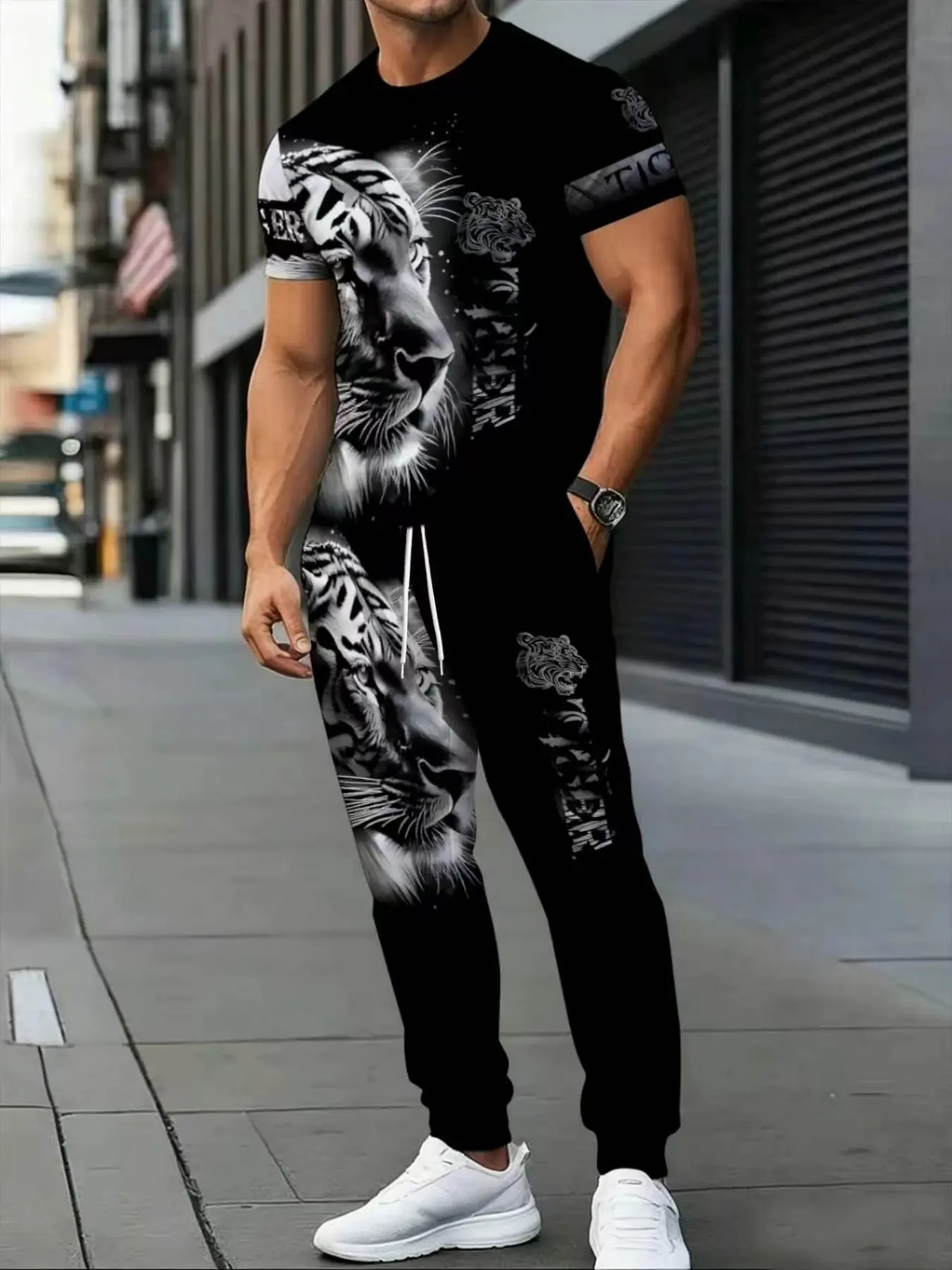 Men's Casual Short Sleeve Top and Long Pants Set, 3D Tiger Print, Fitted H-Type, All Seasons, Natural Waist, Ankle Length, Clothes