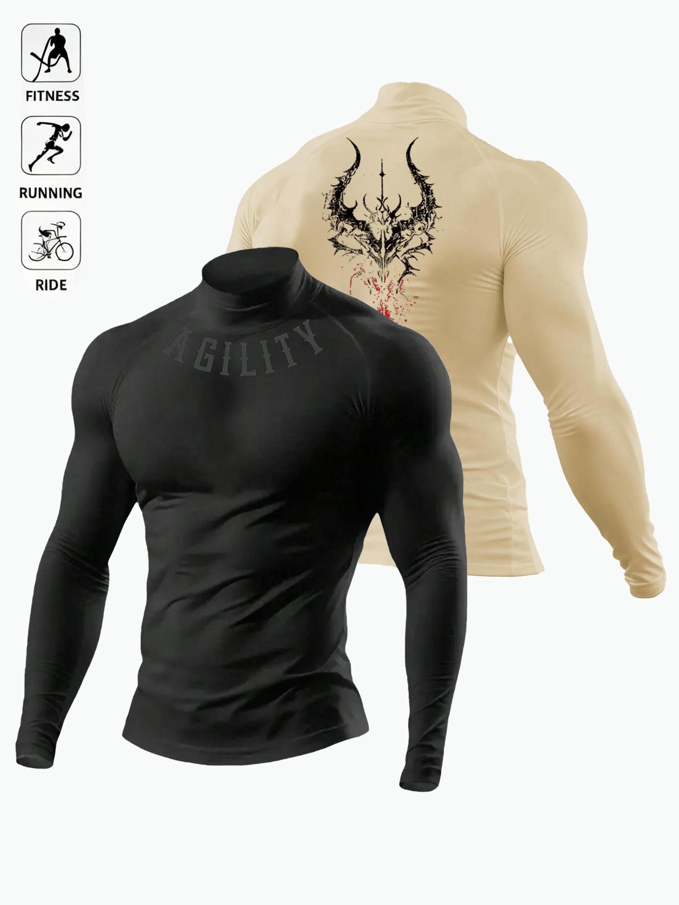 Men's Breathable Fitted Long Sleeve Compression Sports T-Shirt with High Neck Design, Fitness Long Sleeve T-Shirt