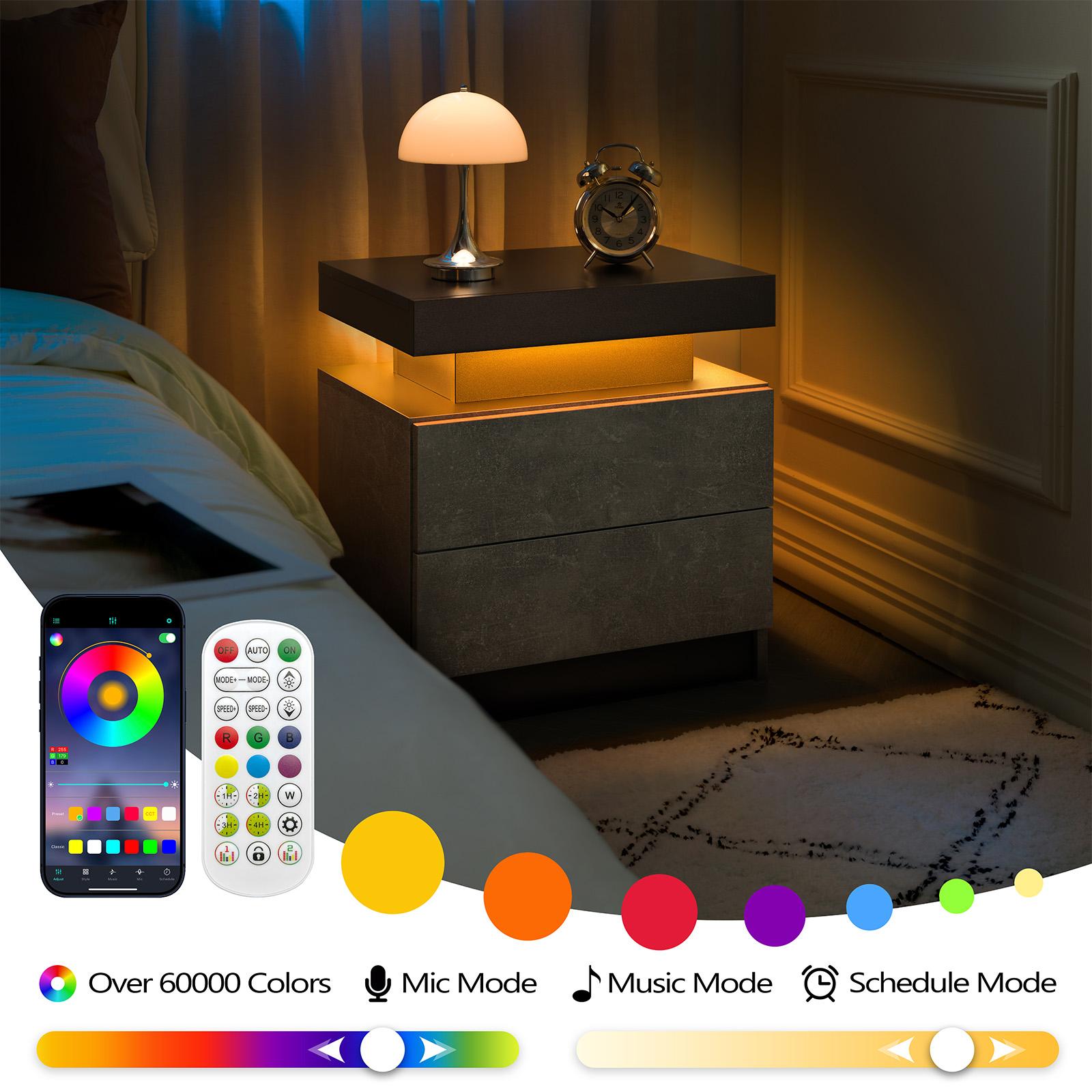 2-Drawer LED Bedside Table – Modern Nightstand with Built-in Lights, Glowing End Side Cabinet for Bedroom Storage – TK Ambient Bedroom Hack