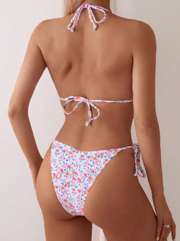 2026 Spring Summer Women's Floral Print Halter Neck Bikini Set, Adjustable Straps, Triangle Cups, Low Waist, Lightweight Stretch Fabric for Beach & Pool