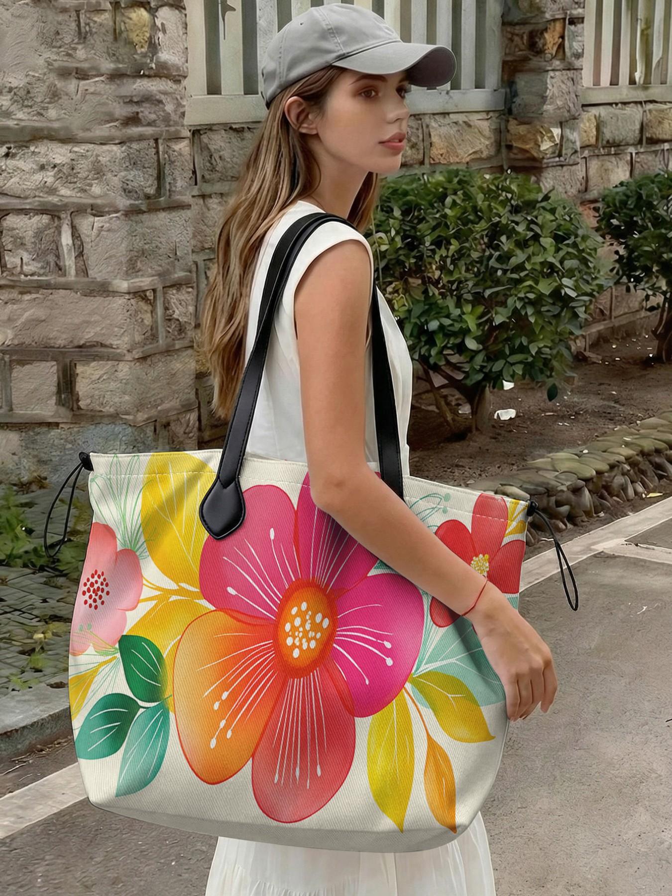 Floral Pattern Drawstring Tote Bag, Large Capacity Shopping Bag, Durable All Season Use, Perfect for Work, Shopping, Picnic