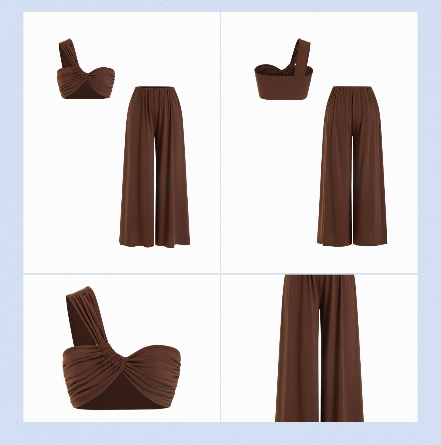 Cider Asymmetrical Neck Ruched Top & High Rise Wide Leg Trousers Set SohoChic