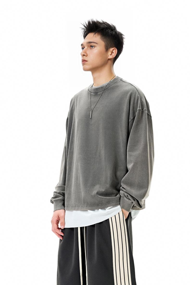 Inflation 100% Cotton 270g Cropped Boxy Fit Washed Oversize Streetwear Long Sleeve T-Shirt Autumn New American Vintage Washed Cotton Tee Short Menswear Top Tshirt Round Neck Crewneck Casual Bestie Operator Beige Plain