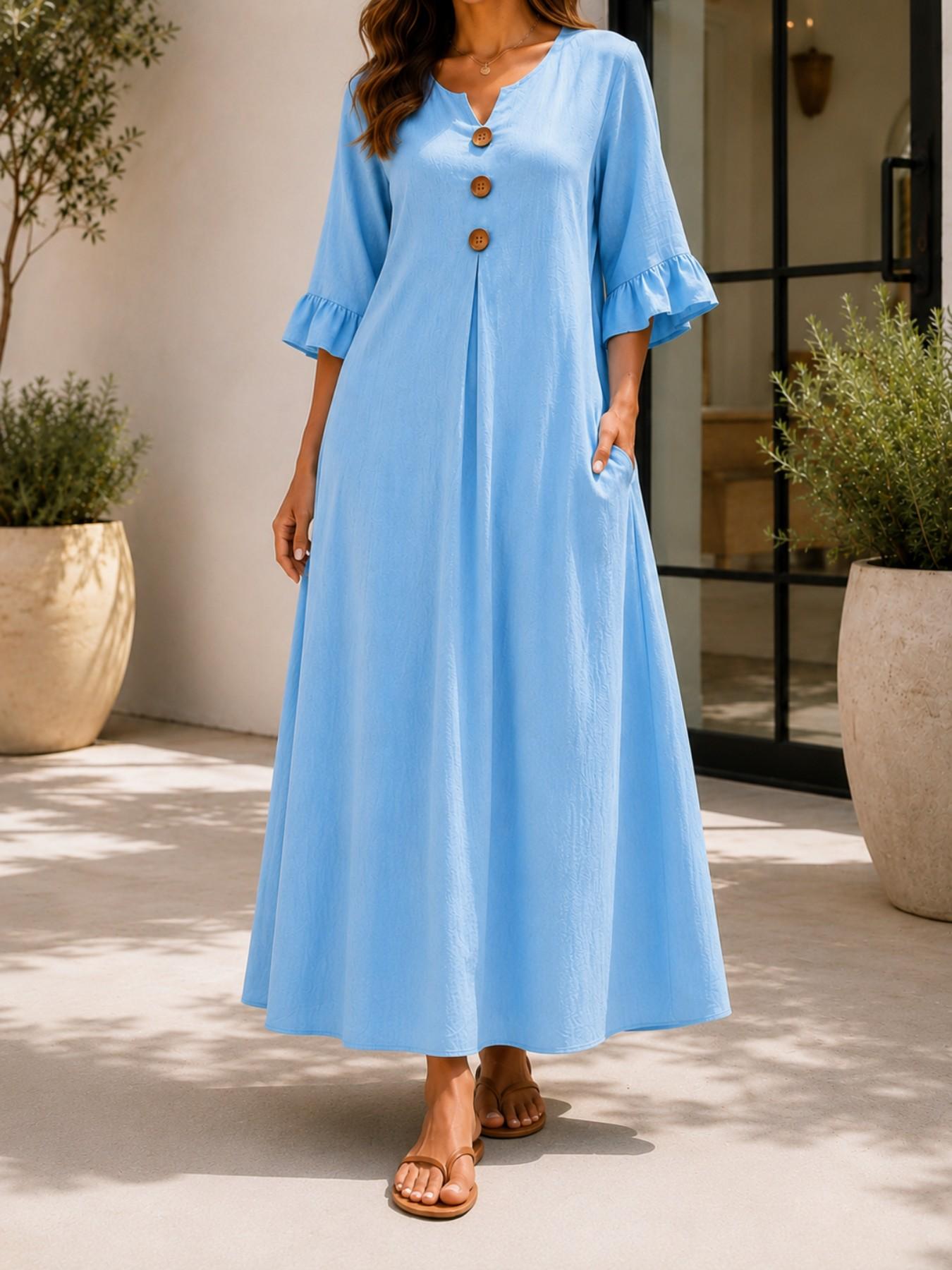 Plus Size Women's Solid Color Feminine Notched-Neck Wooden Button Dress, Loose-Fit Ruffle Sleeve Long Dress, Casual Style A-Line Dress for Office & Vacation