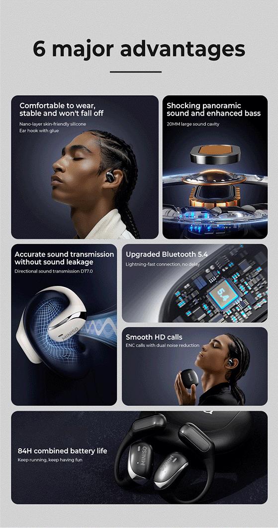 MINISO X62 OWS Wireless Earphones Bluetooth 5.4 ENC Headphones HiFi Sound Long Playtime Earbuds Waterproof Open Ear Headsets Electronic Audio& Video