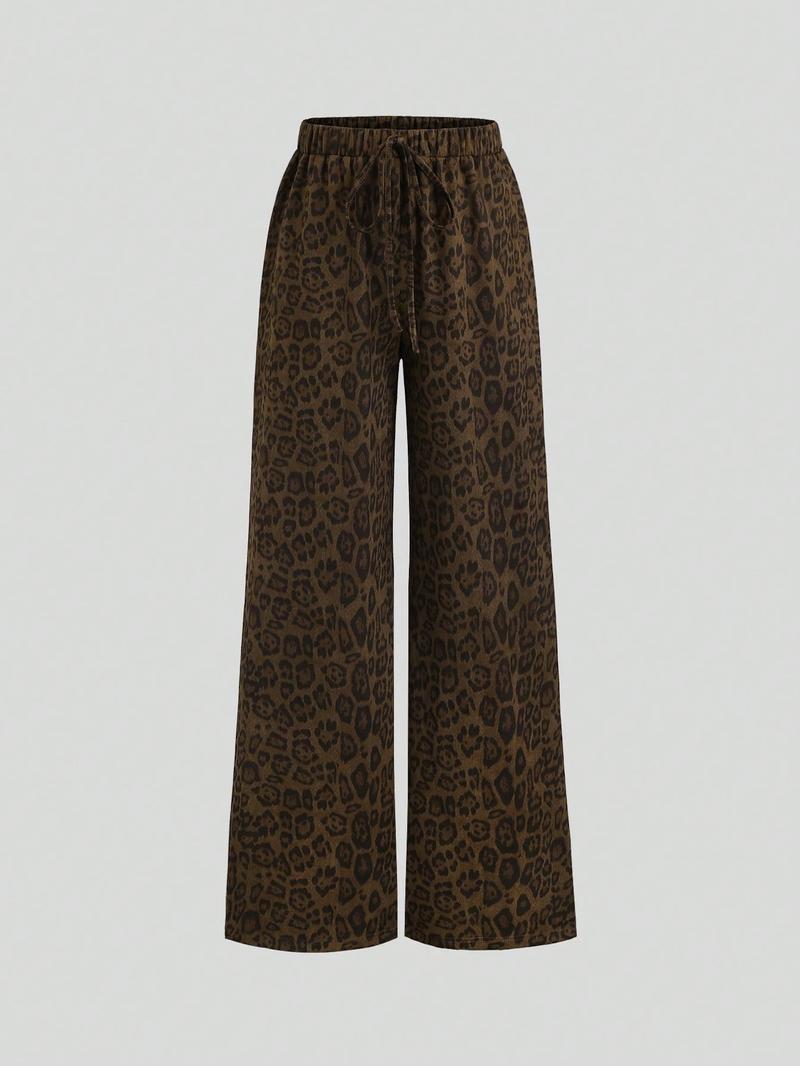 Women's Casual Leopard Print Wide Leg Pants, Loose Fit High Waist Trousers, Comfortable Fashion Bottoms for Daily Wear
