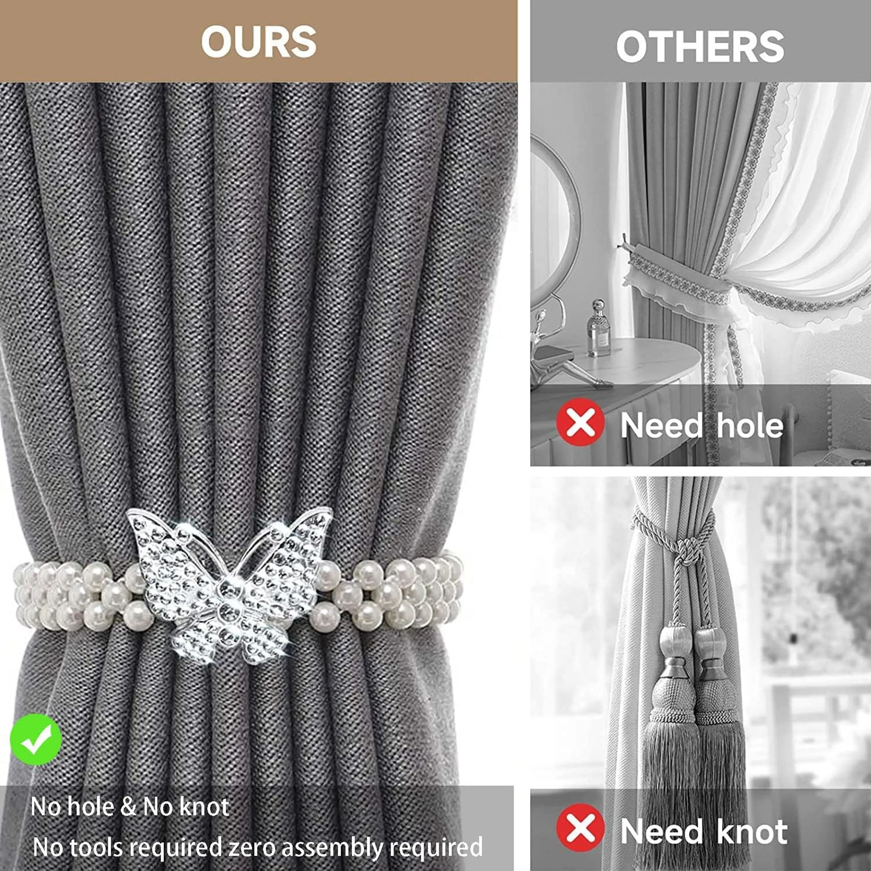 Home Decor 2-Piece Adjustable Golden-Silvery Butterfly & White Faux Pearl Curtain Ties - Elastic Bands, No-Drill No-Hole Holders, Room Decor for Bedrooms, Living Rooms, Luxury Home Supplies