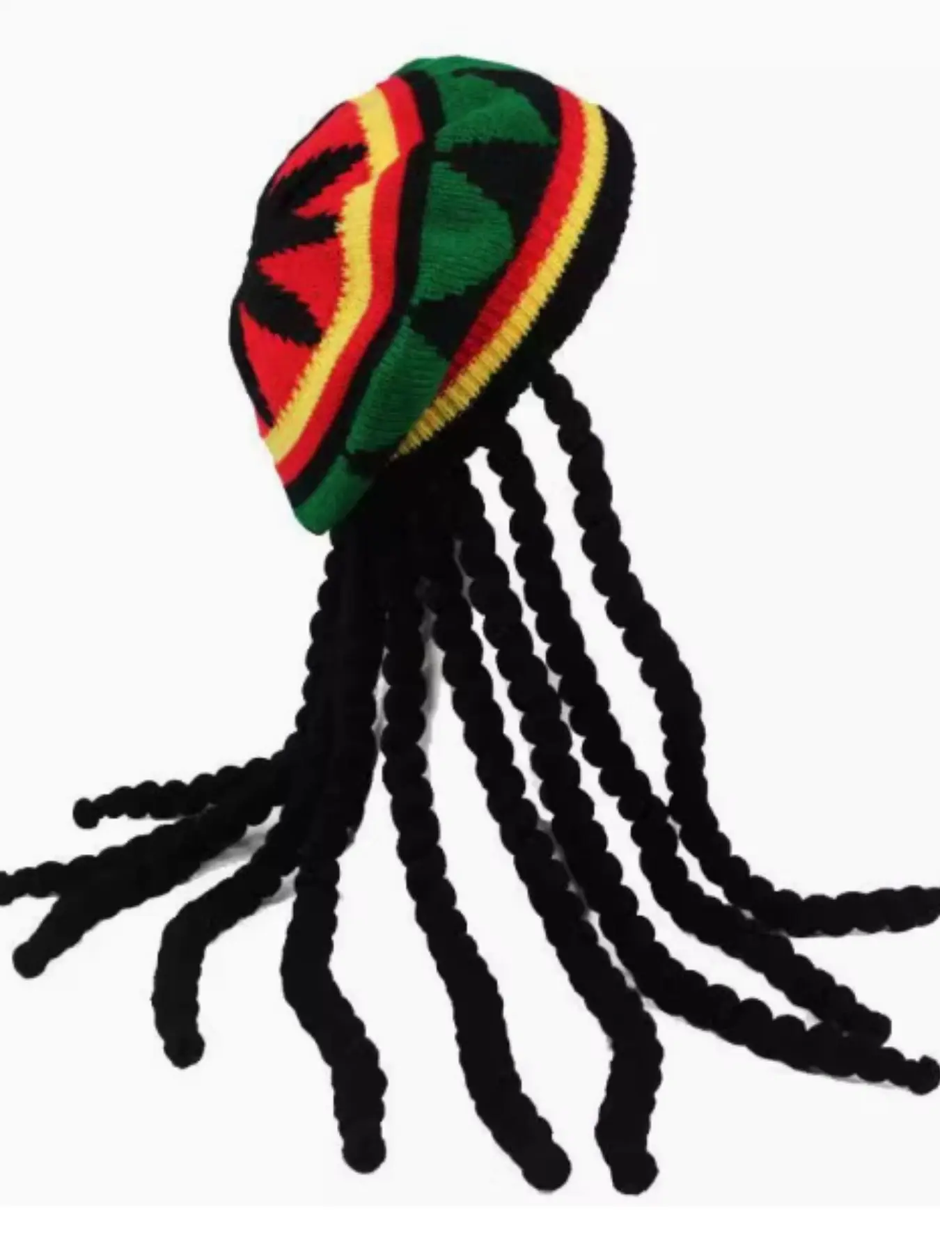 Knit Beret Hat with Braided Hair Extension, Jamaica Rainbow Cap, Halloween Rastafarian Dreadlock Hat, Stylish Accessory for Festivals