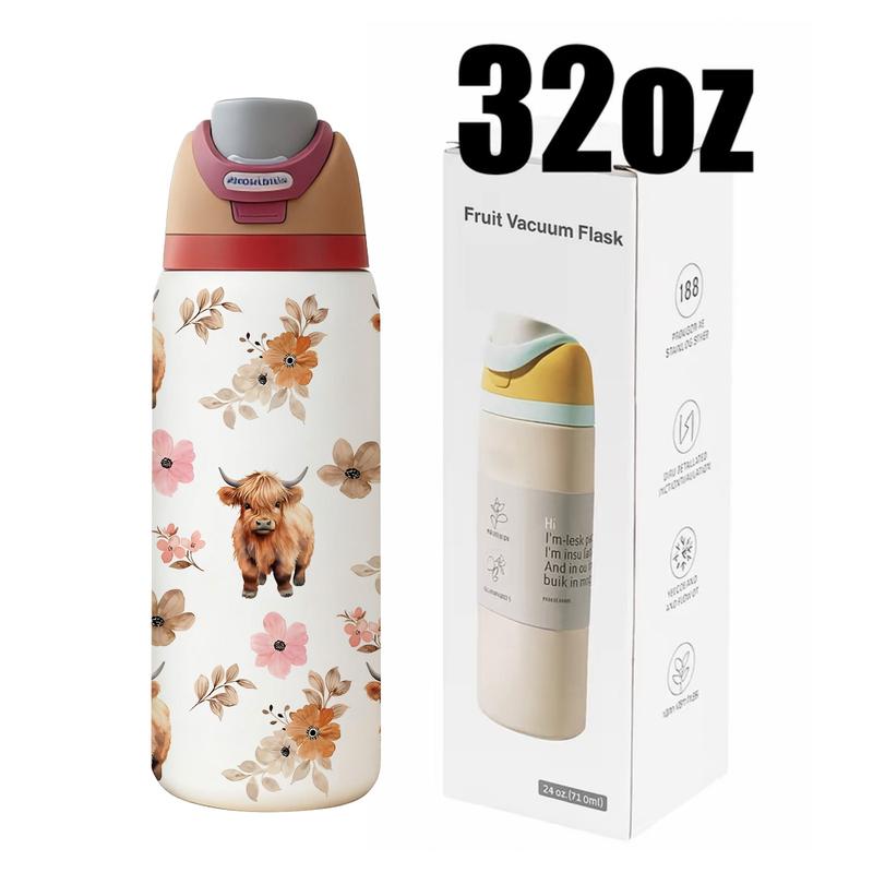 1 pc 19oz/32oz Brown Highland Cow with Flowers Stainless Steel Tumbler with Lid, Hot for 12 hours, cold for 24, Vacuum Cup, Travel Mug, Insulated Flask. Great gift for women, moms, friends and teachers. Perfect for home, office, holiday and outdoor use